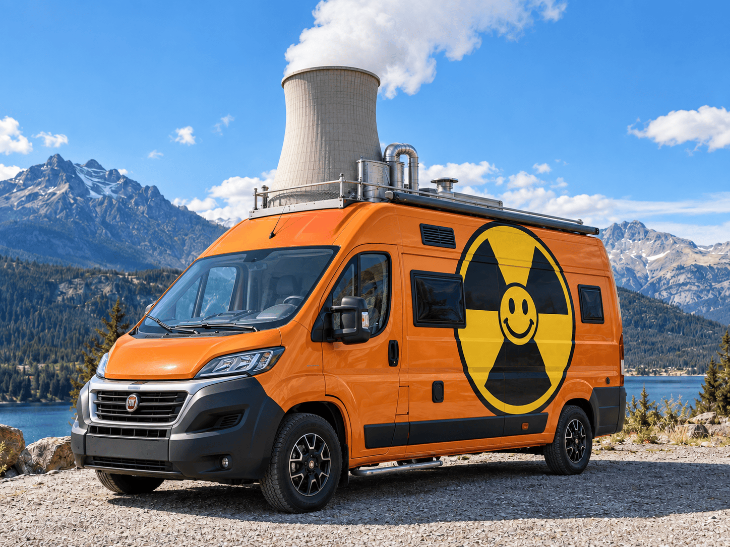 Zu sehen ist ein orangefarbener Kastenwagen bzw. ein Wohnmobil in einer leicht schrägen Frontansicht von links. Das Fahrzeug steht auf einem hellen Schotterplatz direkt an einem Bergsee. Im Hintergrund sieht man eine weite Alpenlandschaft mit dunklen Nadelwäldern, blauem Wasser und hohen, schroffen Bergen, auf denen stellenweise noch Schnee liegt. Darüber spannt sich ein kräftig blauer Himmel mit ein paar weißen Wolken. Das Wohnmobil wirkt wie ein moderner Fiat-Ducato-artiger Camper mit schwarzer Frontschürze, schwarzen Spiegeln, dunklen Felgen und getönten Seitenfenstern. Die Lackierung ist kräftig orange. Auf der Seitenwand prangt ein großes gelb-schwarzes Radioaktivitätszeichen mit einem Smiley-Gesicht in der Mitte. Auf dem Dach sitzt direkt über dem Fahrerhaus ein großer hellgrauer Kühlturm wie von einem Atomkraftwerk, aus dem weißer Dampf aufsteigt. Rund um den Kühlturm sind silberne Rohre, Lüftungs- und Technikteile sowie eine kleine Metallplattform zu sehen. Das Bild ist eine humorvolle, überzogene Darstellung des Weges vom Wohnmobil zur mobilen Energieversorgung – von der Powerbank zum AKW.